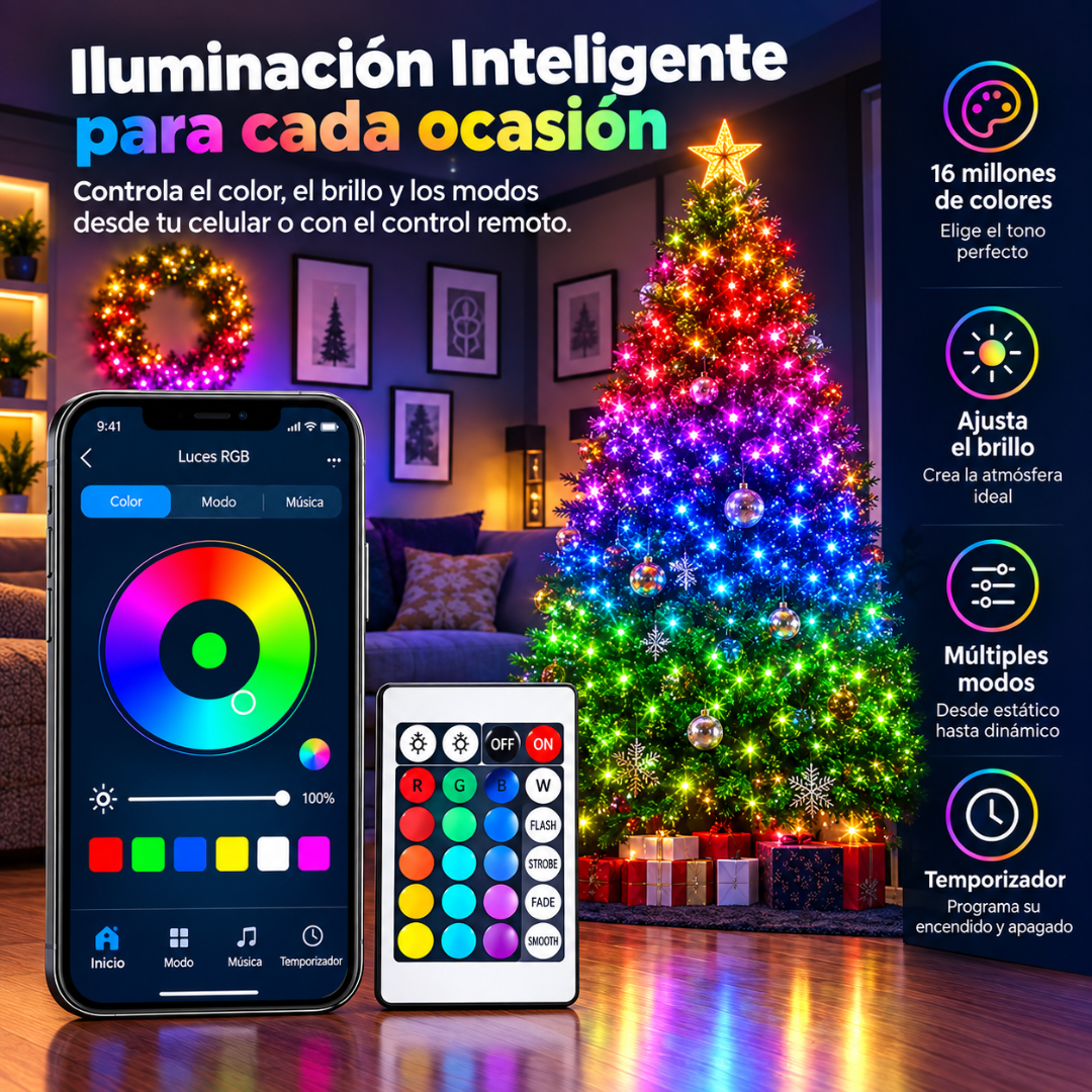 Luces LED RGB decorando un árbol de Navidad con app y control remoto